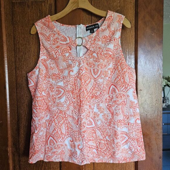 Harper 241 Sleeveless Linen Keyhole Tunic L | Orange & White Print Beach Top - Picture 1 of 6